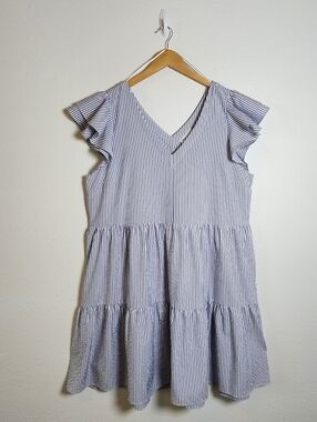 Gibson Latimer Striped Ruffle Sleeve Tiered Dress Blue White Boho Cottagecore XL